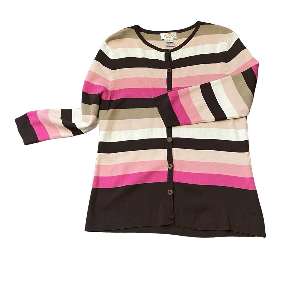 Talbots vintage women size M brown/pink/ivory striped cardigan button sweater